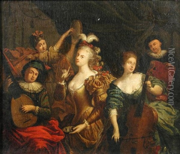 Musicians Merrymaking (+ Courtesans In A Bordello; Pair) Oil Painting - Anthonie Palamedesz