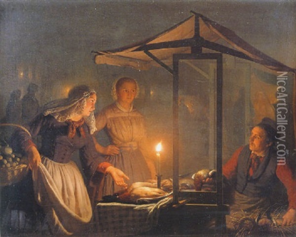 Young Woman At A Market Stall By Moonlight Oil Painting - Petrus van Schendel