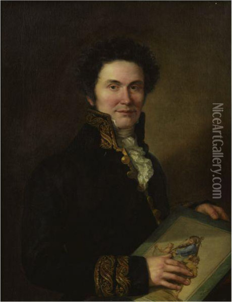 Portrait Of A Gentleman, Dressed In Military Tunic, Holding Aportfolio Of Illustrations Oil Painting - Vicente Lopez y Portana