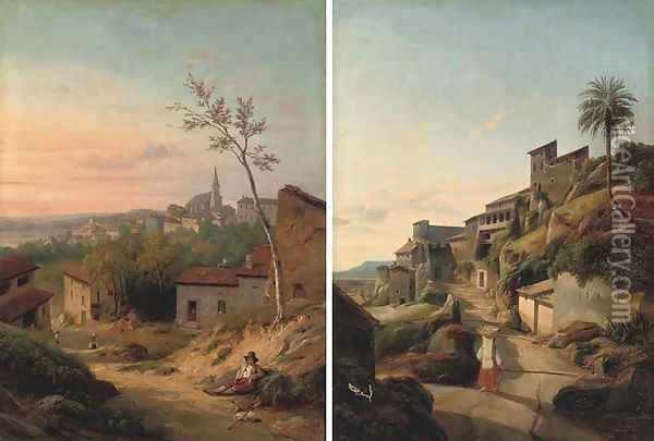 Approaching an Italian hilltown at dusk; and A boy resting at the side of a track Oil Painting - North-Italian School