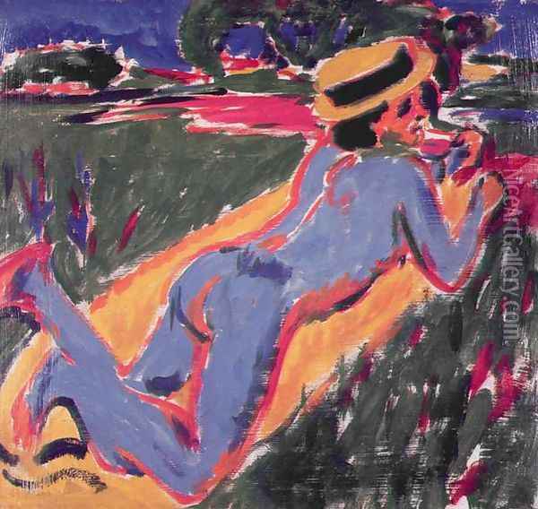 Blue Reclining Nude with a Straw Hat Oil Painting - Ernst Ludwig Kirchner
