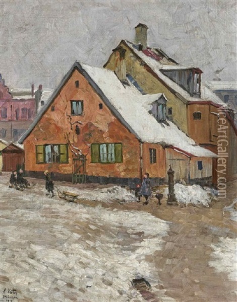 Children In A Wintery Village Oil Painting - Charles Vetter