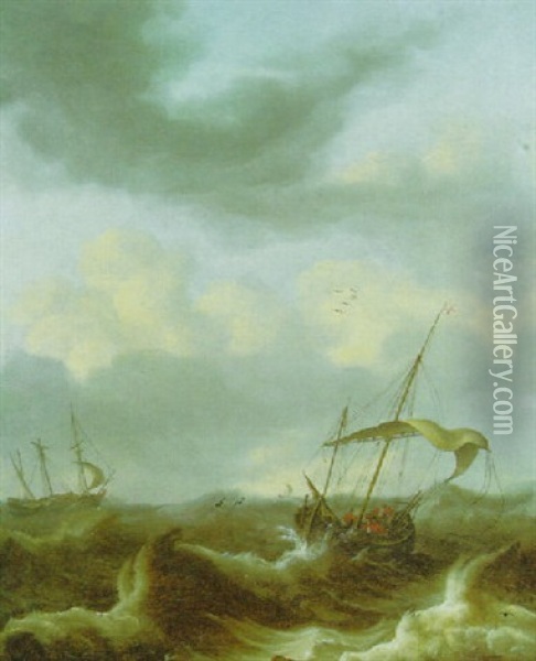 A Kaag And A Fluyt In A Storm Oil Painting - Pieter Mulier the Younger