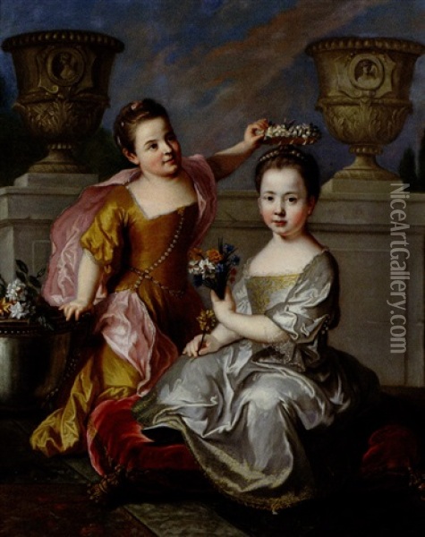 Portrait En Pied De Deux Jeunes Filles A La Couronne Et Au Bouquet De Fleurs Sur Fond D'architecture Oil Painting - Carle van Loo