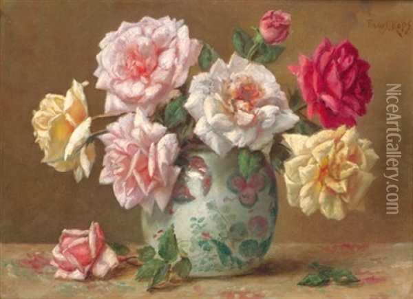 Rosen In Einer Chinesischen Porzellanvase Oil Painting - Franz Kops
