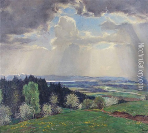 Fruhling Am Bodensee. Weite Landschaft Mit Wolkigem Himmel, Durch Den Die Sonnenstrahlen Brechen Oil Painting - Wilhelm Hempfing