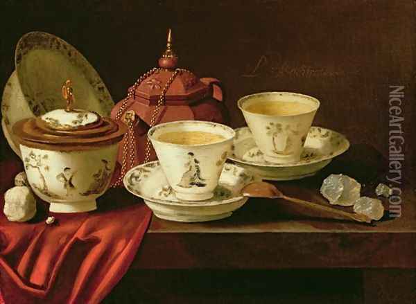 A Yixing Teapot and a Chinese Porcelain Tete-a-Tete on a Partly Draped Ledge Oil Painting - Pieter Gerritsz. van Roestraten