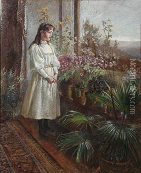 A Girl In White Summer Dress Looking Out Of A Window Decorated With Colorful Flowers Oil Painting - Hans Nikolaj Hansen