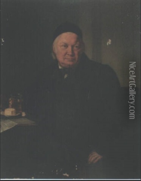 Portrait Of A Man, Seated Half-length In An Interior,       Wearing A Black Coat And Cap Oil Painting - Moritz (Kindermueller) Mueller