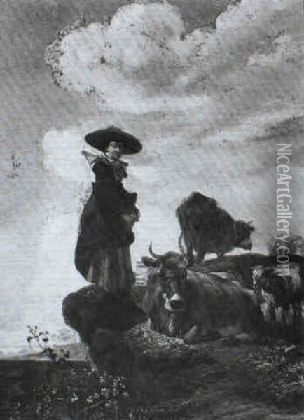 Milkmaid Standing On A Bank With Her Cattle Oil Painting - Govert Dircksz Camphuysen