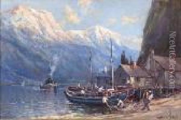 European Harbor Scene Oil Painting - Arthur Vidal Diehl