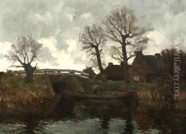 Landscape with a cottage and a fisherman on a canal Oil Painting - Laurent Van Der Windt