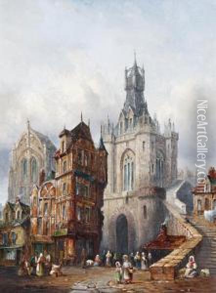 Old Gateway, Huy; A Cathedral View, A Pair Oil Painting - Henry Schafer