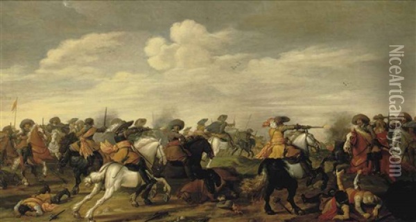 A Cavalry Skirmish In A Landscape Oil Painting - Palamedes Palamedesz the Elder