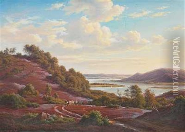 Bakket Landskab Med Blomstrende Lyng Og Traeer Oil Painting - Frederik Christian Jacobsen Kiaerskou