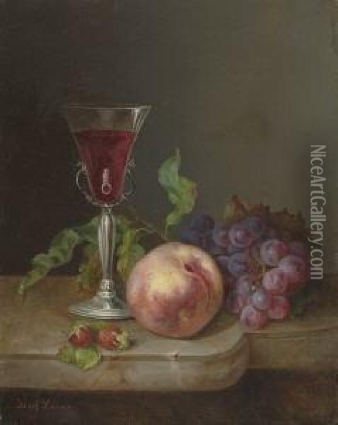 Stillleben Mit Weinglas, Pfirsich,
 Weintrauben Und Erdbeeren. Oil Painting - Josef Lauer