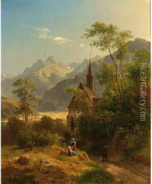 Peasants In An Alpine Landscape Near A Church Oil Painting - Ludwig Halauska