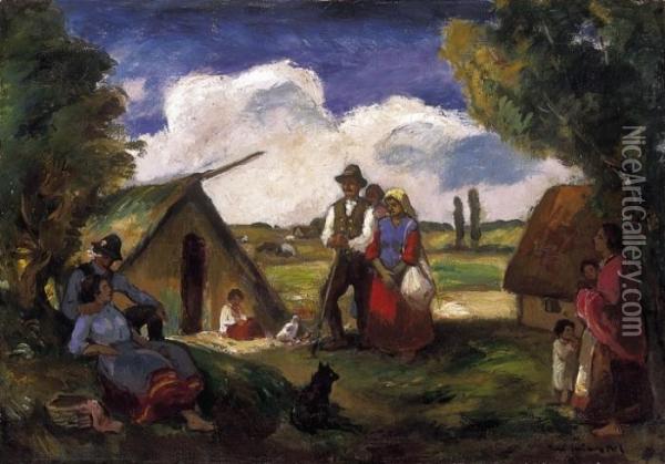 Scene Of Village Oil Painting - Bela Ivanyi Grunwald