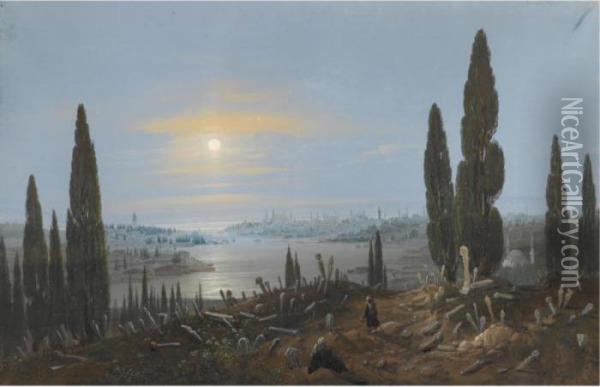View Of Constantinople By Moonlight From Eyup Oil Painting - Carlo Bossoli