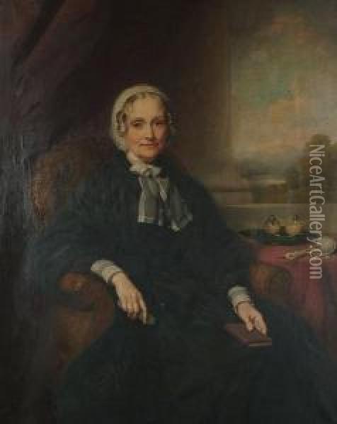 Portrait Of A Seated Lady, 
Three-quarter Length, In A Columned Interior With A Landscape Beyond, 
Thought To Depict The Hon. Emma Stapleton, Viscountess Midleton. Oil Painting - John Templeton Lucas