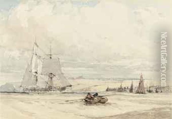 A Merchantman In The Channel Off Newhaven, Sussex Oil Painting - John Callow