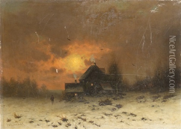Gehoft In Winterlicher Abendlandschaft Oil Painting - Friedrich Josef Nicolai Heydendahl