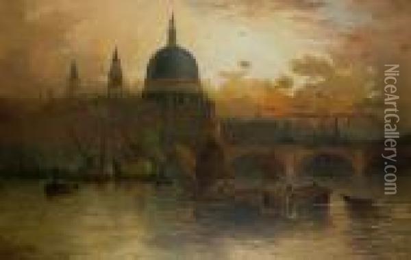 St Paul's From The Thames At Sunset Oil Painting - Edwin Fletcher