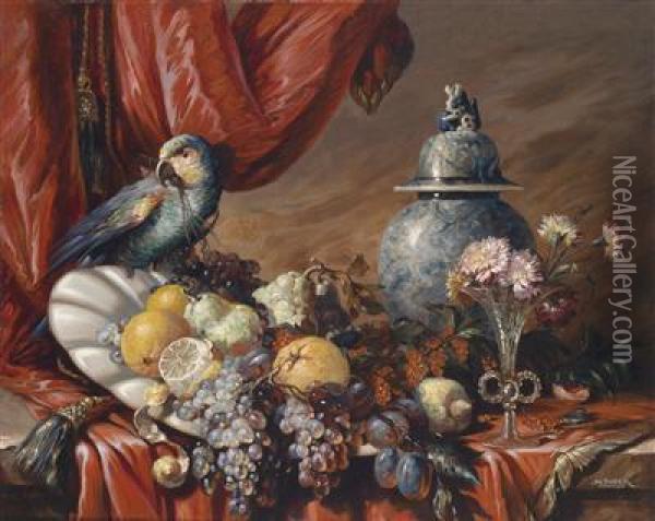 Still Life With Fruit, Parrots And Flowers Oil Painting - Max Luber
