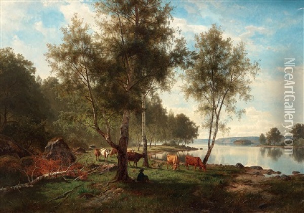 Summer Landscape With Cattle And Birches Oil Painting - Edward (Johan-Edvard) Bergh