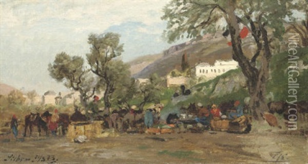 Horsemen Resting, Sichem Oil Painting - Ernest Karl Eugen Koerner