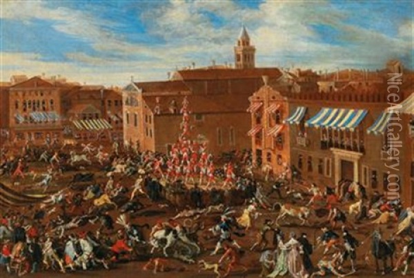 The Bull Hunt In Campo San Polo, Venice Oil Painting - Joseph Heintz the Younger