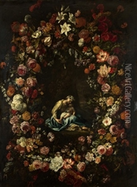 Virgen Con Nino En Guirnalda De Flores Oil Painting - Gaspar Pieter Verbrueggen the Elder