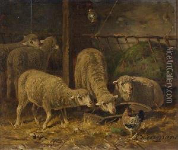 Poule Et Moutons Dans Une Bergerie Oil Painting - Charles Ferdinand Ceramano