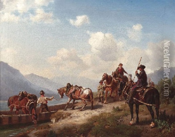 Verladung Einiger Pferde Auf Ein Fahrboot Auf Einem Alpensee Oil Painting - Karl Lieske