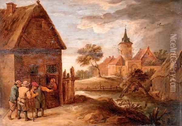 Figures outside a cottage, a town beyond Oil Painting - David The Younger Teniers