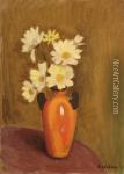 Fleurs Jaunes Dans Un Vase Orange Oil Painting - Alfred Lesbros