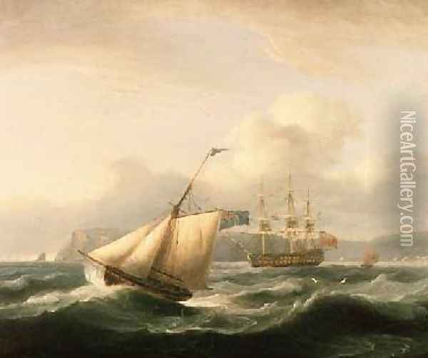 A Two-Decker Anchored in Torbay Harbour with a Cutter in the Foreground 1824 Oil Painting - Thomas Luny