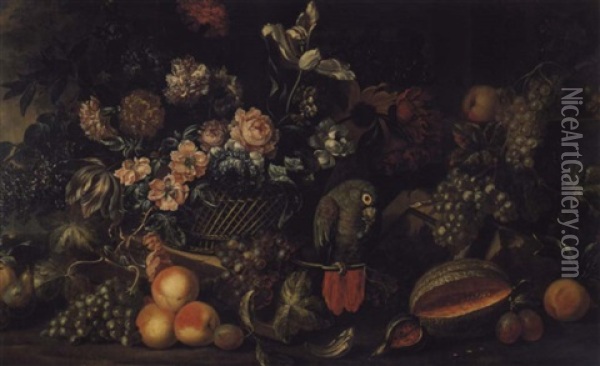 Nature Morte Au Panier De Fleurs, Avec Des Fruits Et Un     Perroquet Oil Painting - Jakob Bogdani
