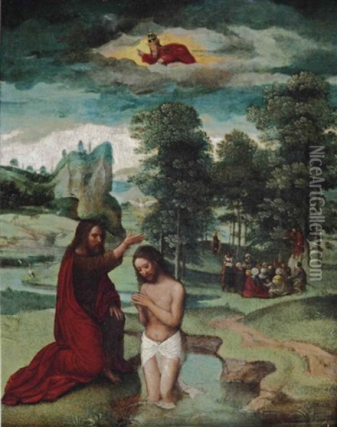 The Baptism Of Christ, Saint John The Baptist Preaching In A Wooded Glen Beyond Oil Painting - Gerard David