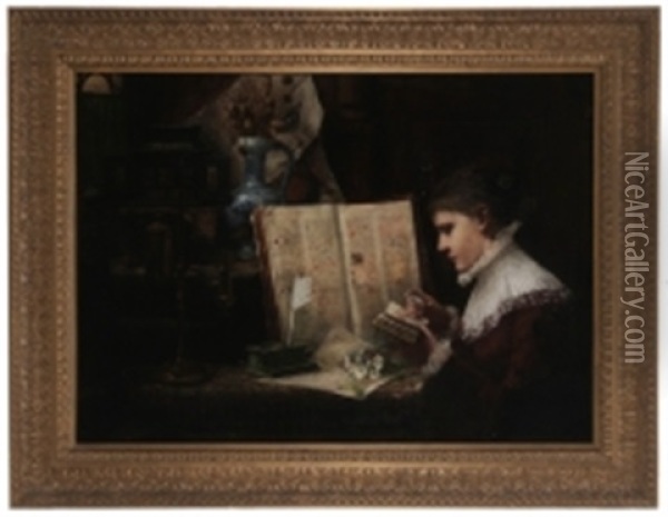 Woman Studying Manuscripts Oil Painting - George Von Hoesslin