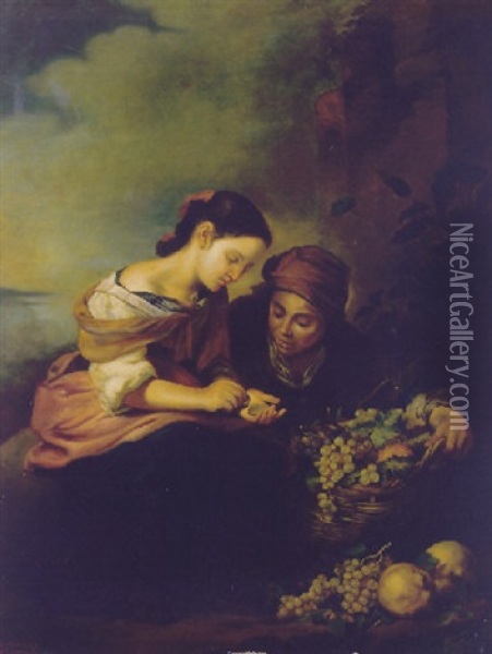 An Old Woman Selling Fruit To A Girl In A Landscape Oil Painting - Bartolome Esteban Murillo