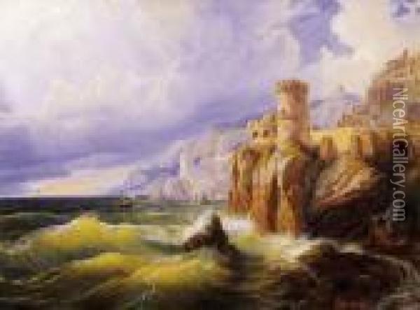 Italian Seashore With A Castle Oil Painting - Eduard Agricola