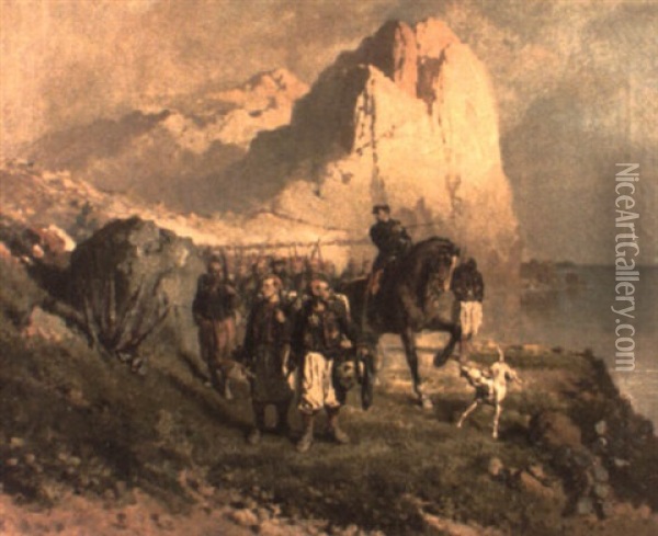 Zuavos Avanzando En La Costa Argelina Oil Painting - Alfred-Emile Gaubault