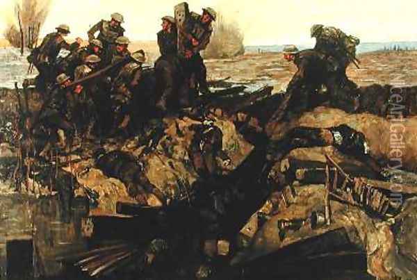Canadians repairing a track under shell fire 1919 Oil Painting - Innes Meo