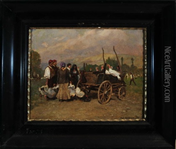 Auf Dem Geflugelmarkt - Die Bauern Stehen Mit Ihren Truthhahnen Am Holzkarren Oil Painting - Hugo Charlemont
