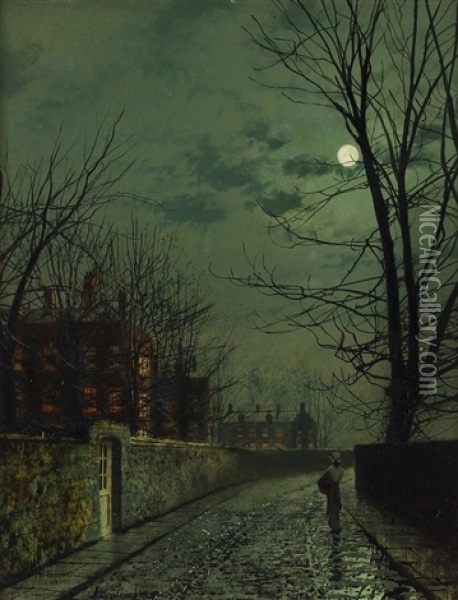 A Moonlit Street Scene After Rain With A Girl Passing A House From Which Lights Are Blazing Oil Painting - John Atkinson Grimshaw