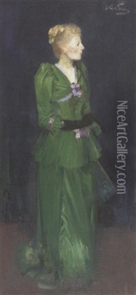 Full Length Portrait Of Maggie Hamilton In An Emerald Green Dress Oil Painting - James Guthrie