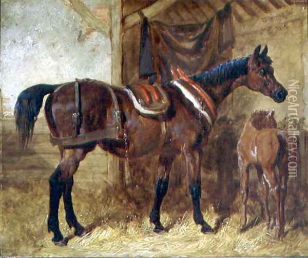 An Old Mare and Foal in a Stable, 1854 Oil Painting - John Frederick Herring Snr