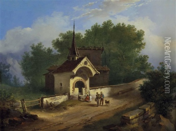 Pilgergruppe An Einer Wegkapelle Oil Painting - Leopold Fertbauer