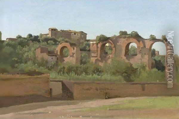 View Of The Ruins Of The Claudian Aqueduct, Rome, Near San Giovanni In Laterano And The Villa Wolkonsky Oil Painting - Jean-Baptiste-Camille Corot